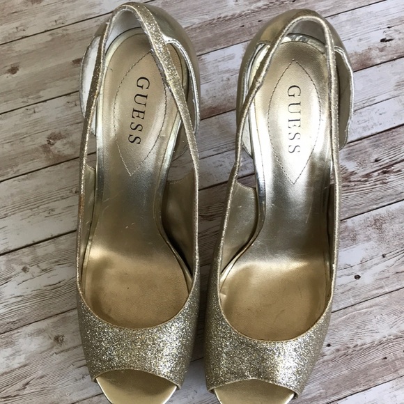 Guess Gold Glitter 5” Open Toe Heels in Size 10 - Picture 6 of 8